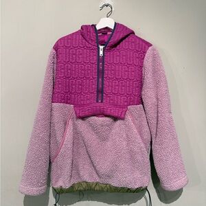 UGG Faux Fur Sherpa Jacket Iggy Half Zip Pullover Hooded Pink Women M Pockets